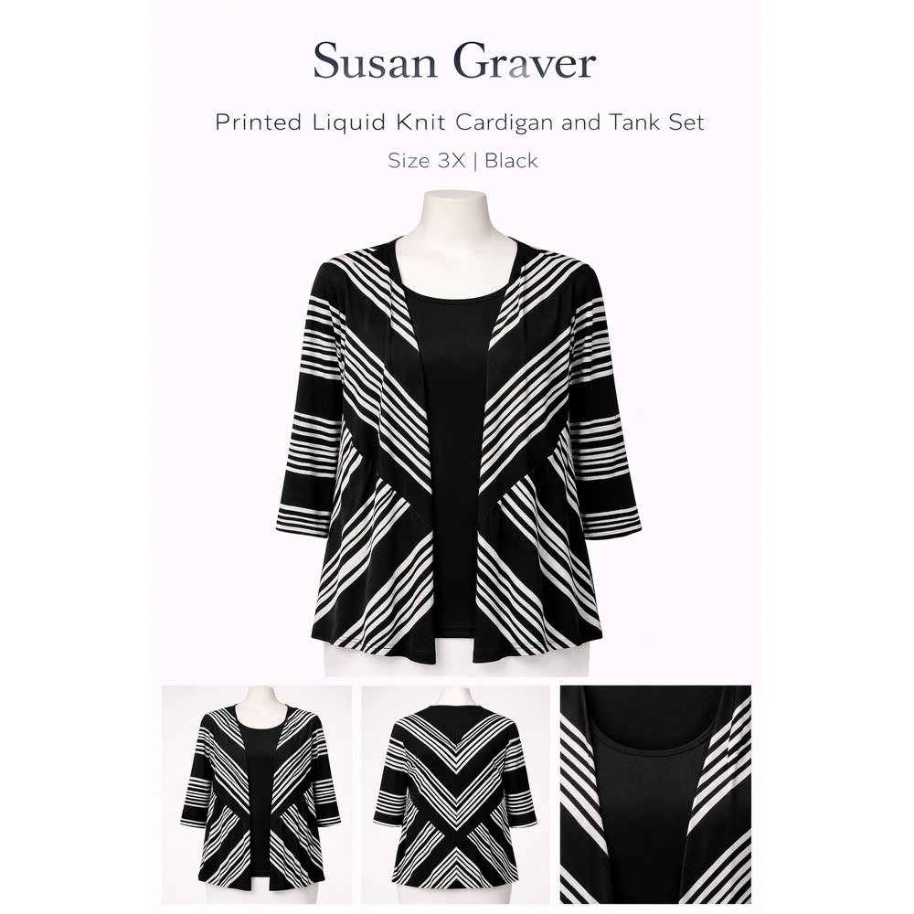 Susan Graver Black White Liquid Knit Cardigan and‎ Tank Set 3X Chevron Stripe